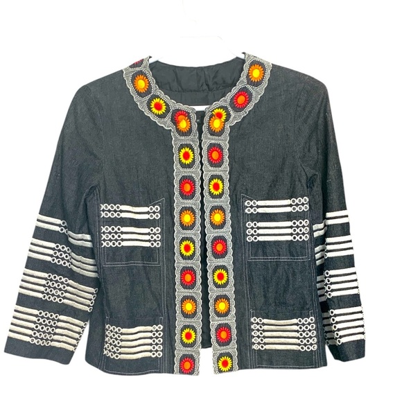 Anna Sui Black Denim Jacket, Fully Lined, Pockets,  Embroidery that Pops - Picture 3 of 15